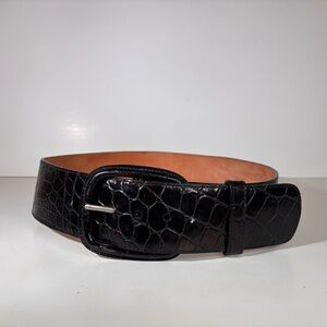 Sherry Cassin Black and Brown Leather Belt with Silver Buckle